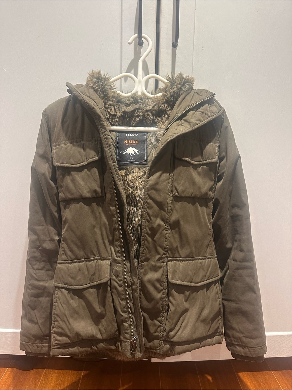 TNA Olive Green Puffer Jacket with Faux Fur Lining